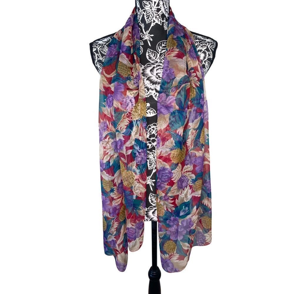 Sheer Multicolor Floral Lightweight Scarf Wrap Shawl Vintage Style Vibrant
